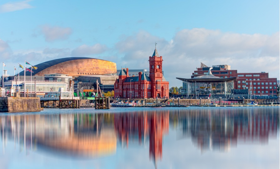 Cardiff Bay waterfront with the Senedd and Pierhead Building in Wales